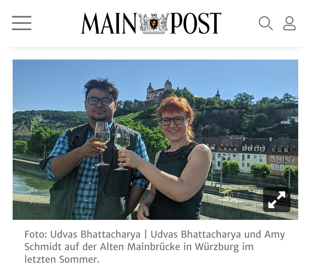 Udvas Bhattacharya and Amy Schmidt on the Alte Mainbrücke in Würzburg